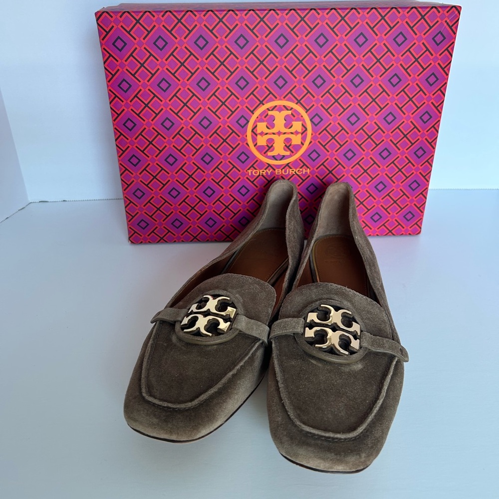 Tory Burch Taupe Suede Loafers with Gold Logo